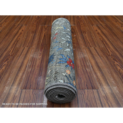 2'7"X9'9" Digital Gray Birds Paradise Hand Knotted Runner Peshawar Rug