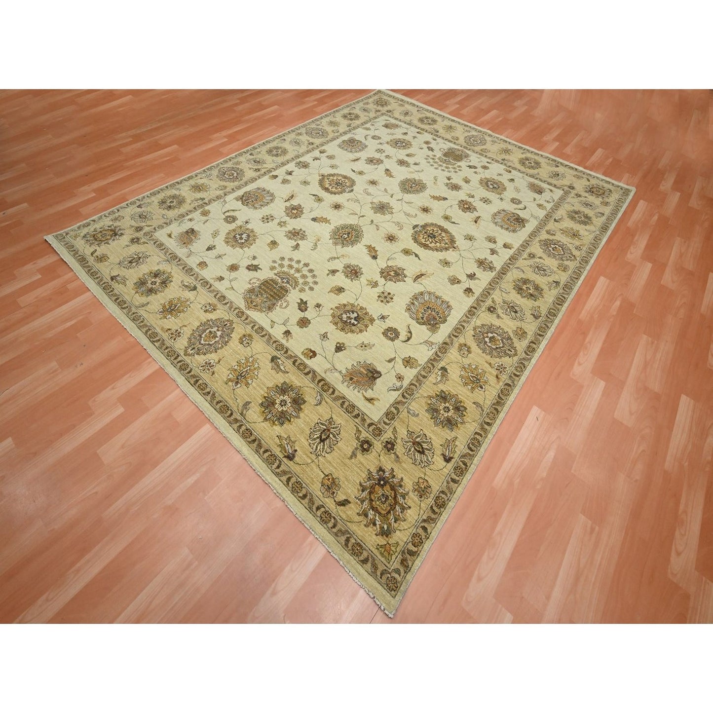 8'X10' Ivory Hand Knotted Agra Ziegler Design Leaf Pattern Pure Wool Rug