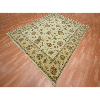 8'X10' Ivory Hand Knotted Agra Ziegler Design Leaf Pattern Pure Wool Rug