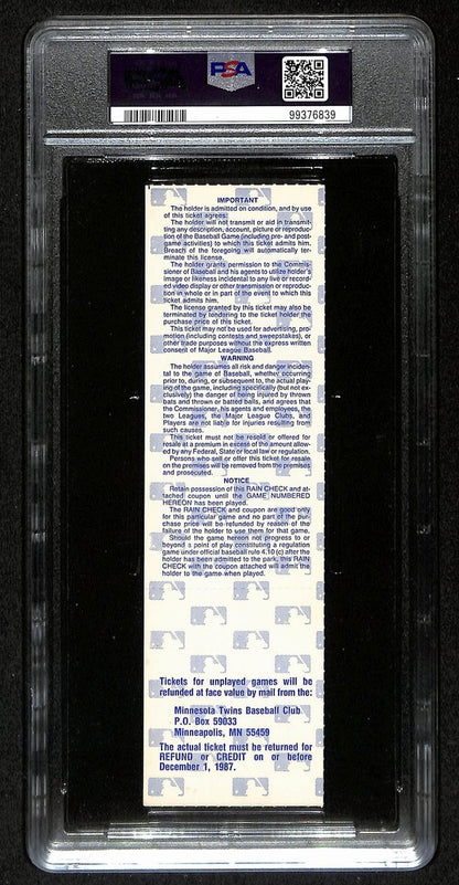 1987 World Series Game 7 Cardinals Vs. Twins Full Ticket Psa/Dna Nm-Mt 8 197218