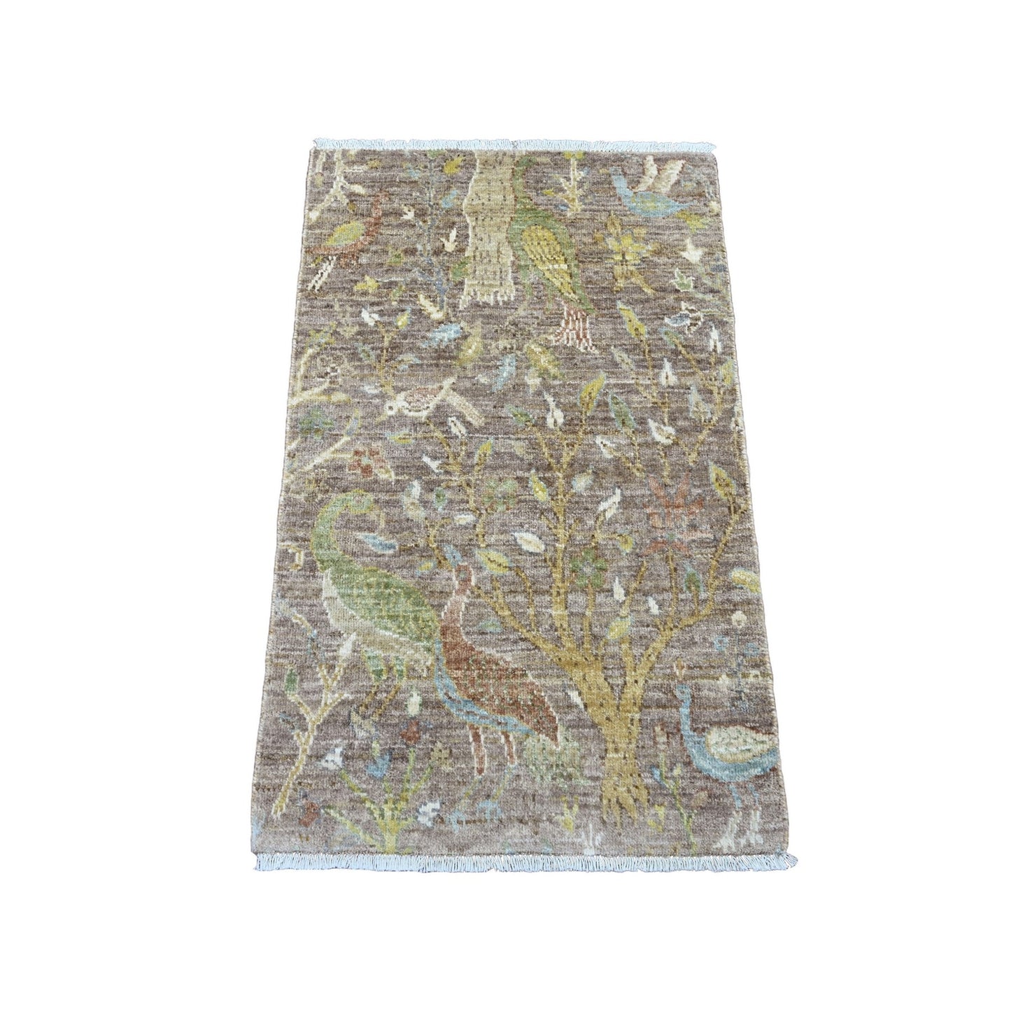 2'X3'3" Brown Peshawar Birds Design Hand Knotted Soft Wool Sample Rug