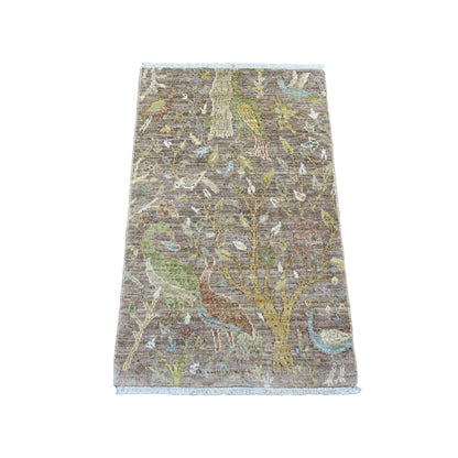 2'X3'3" Brown Peshawar Birds Design Hand Knotted Soft Wool Sample Rug