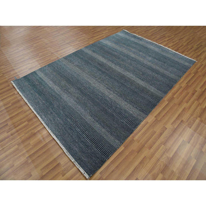 6'X9' Yankees Blue Wool And Silk Hand Knotted Grass Design Rug