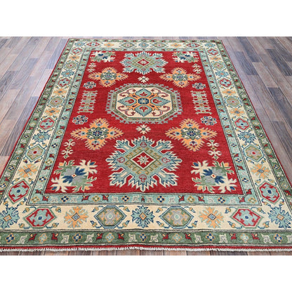 4'10"X6'10" Red Kazak With Tribal Motif Hand Knotted Soft Wool Oriental Rug