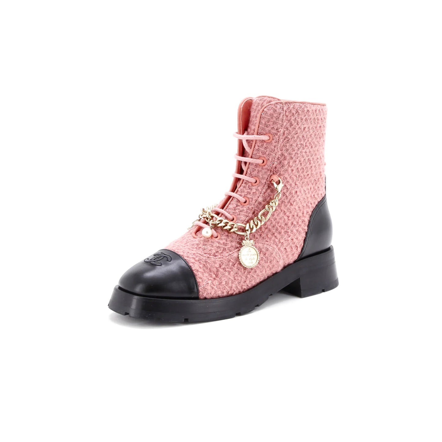 Chanel Women'S Charm Chain Cc Cap Toe Combat Boots Tweed And Leather