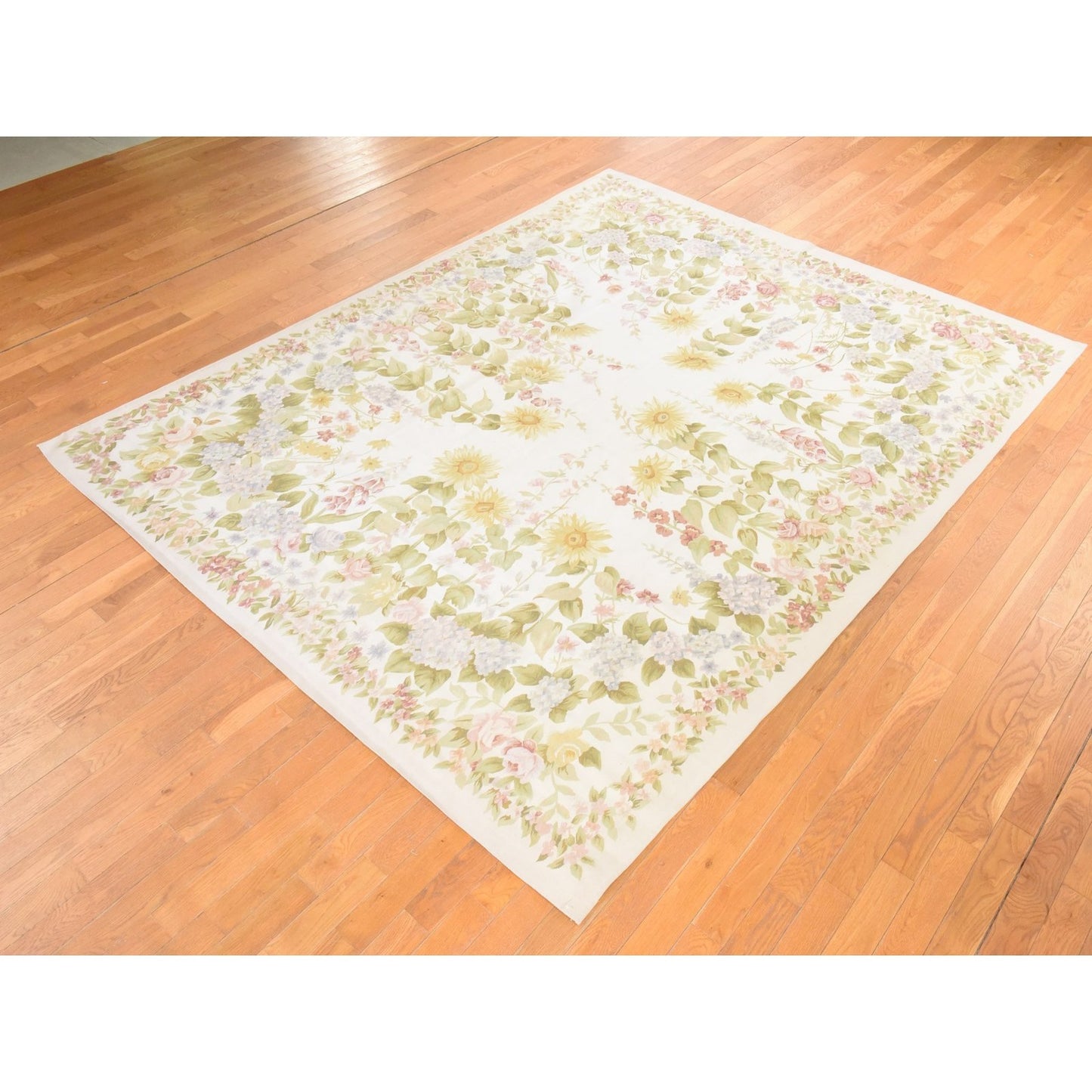8'x10'2" Ivory Aubusson Botanical Pattern Flat Weave Hand Woven Wool Rug