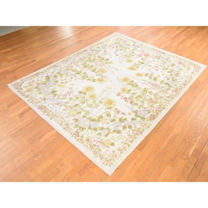 8'x10'2" Ivory Aubusson Botanical Pattern Flat Weave Hand Woven Wool Rug