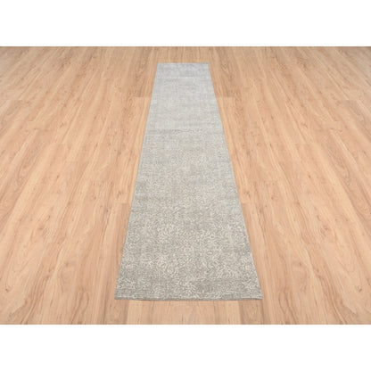2'7"X12' Beige Wool And Silk Hand Loomed Fine Jacquard Round Rug