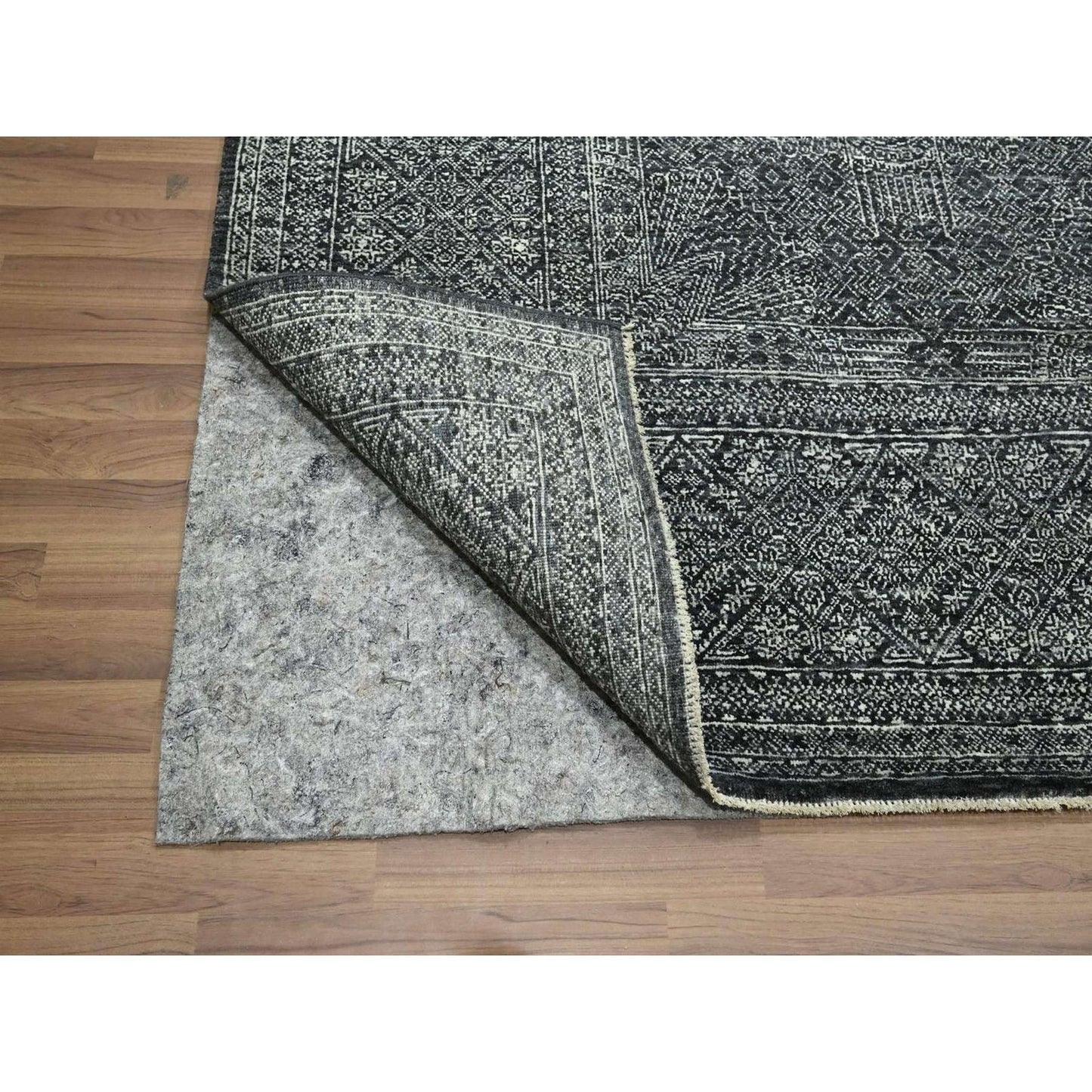 8'2"x10'2" Black Wool and Silk Intricate Star Design Hand Knotted Rug