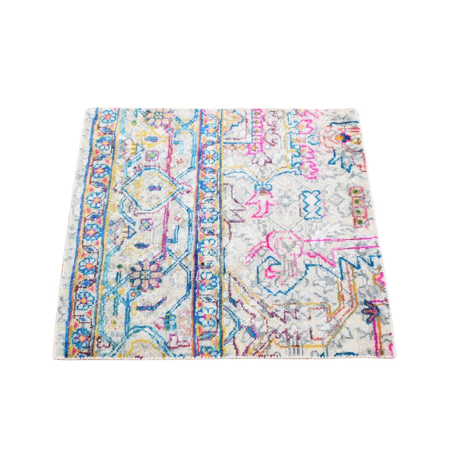 2'X2' White Modern Design Silk With Wool Hand Knotted Sample Mat Rug