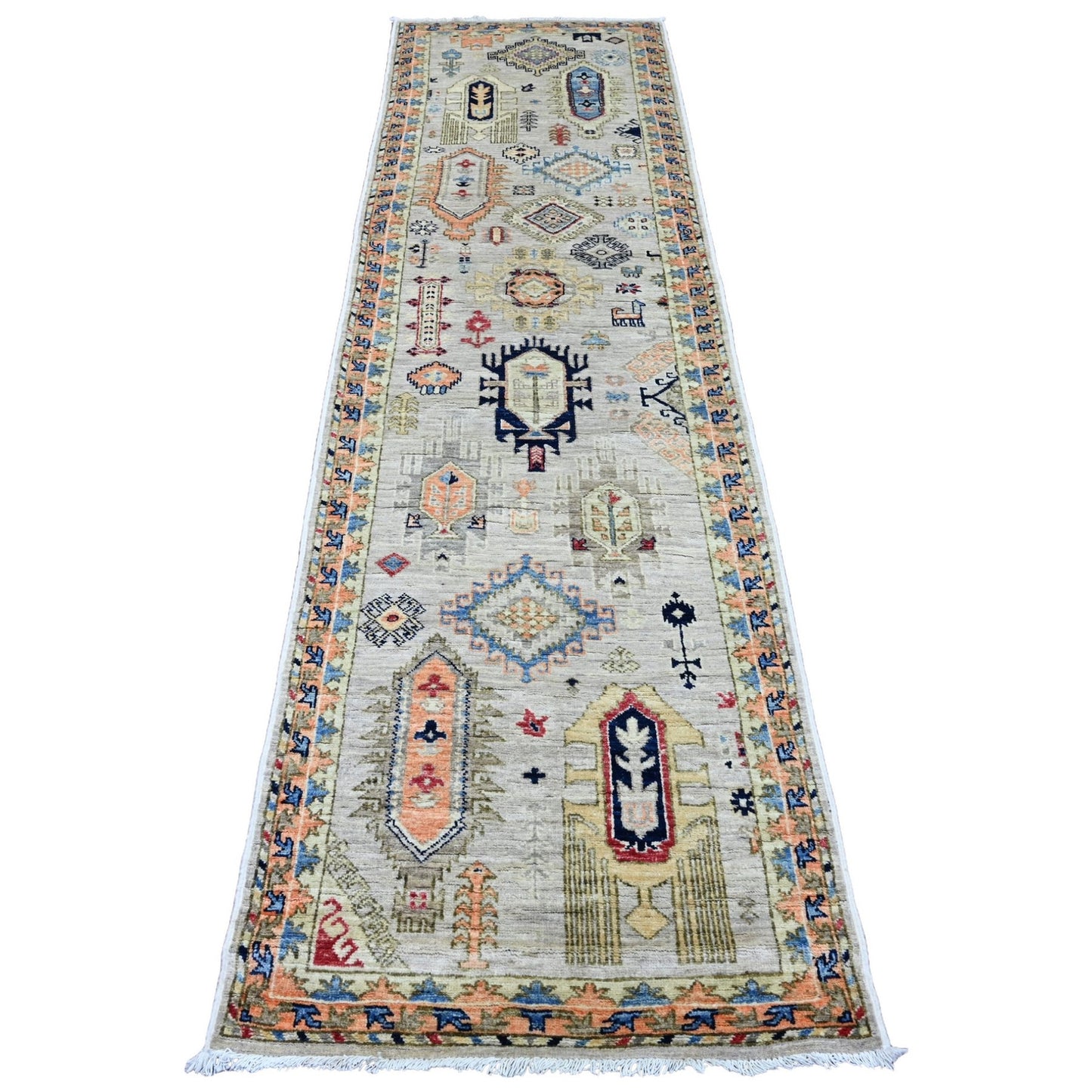 2'7"X9'8" White Aryana Caucasian Gul Motifs Wool Hand Knotted Runner Rug