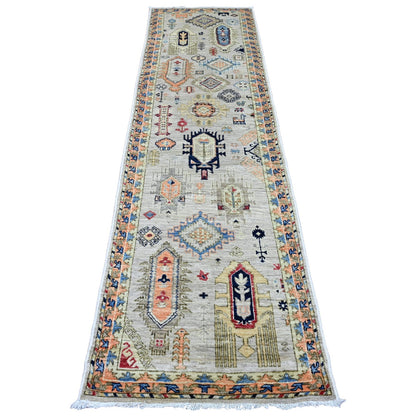 2'7"X9'8" White Aryana Caucasian Gul Motifs Wool Hand Knotted Runner Rug