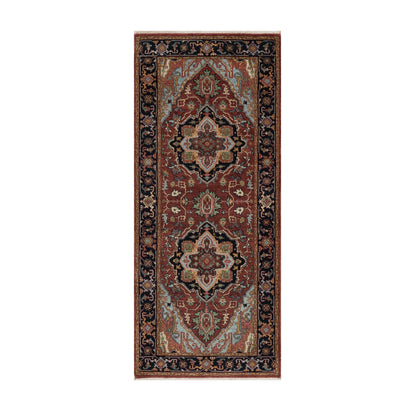 2'8"X6'2" Red Antiqued Heriz Re-Creation Hand Knotted All Wool Runner Rug