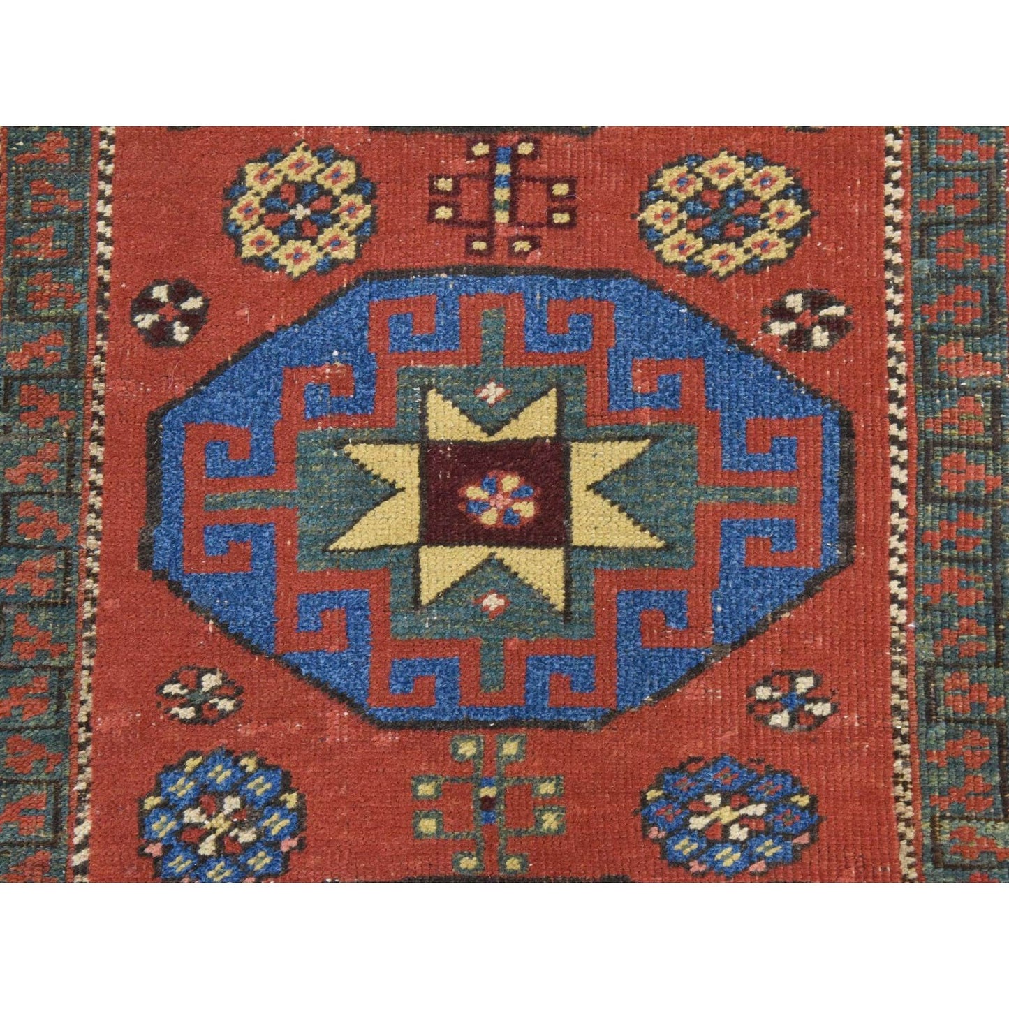 3'4"X11'2" Red Hand Knotted Rug Antique Caucasian Kazak Soft Wool Runner