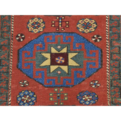 3'4"X11'2" Red Hand Knotted Rug Antique Caucasian Kazak Soft Wool Runner