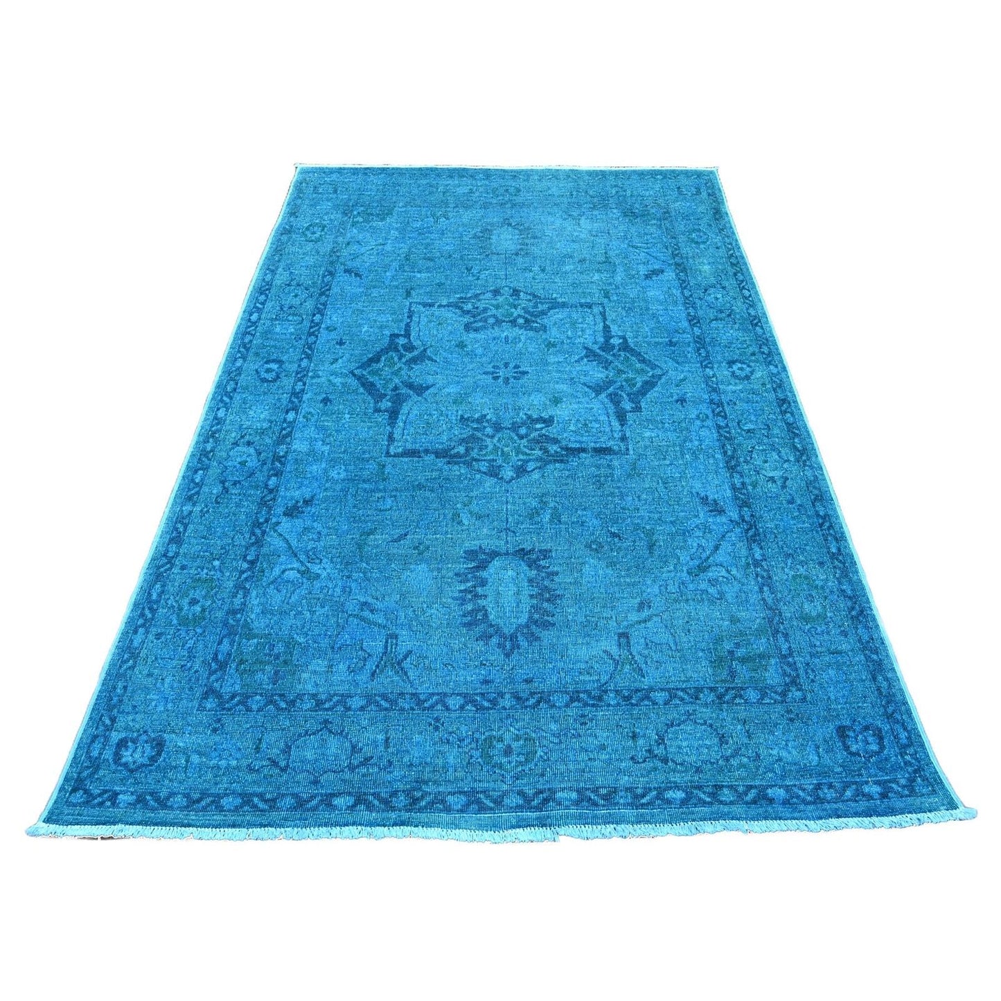 Rug 5'3"x7'7" Blue Overdyed Peshawar with Heris Design Hand Knotted Wool