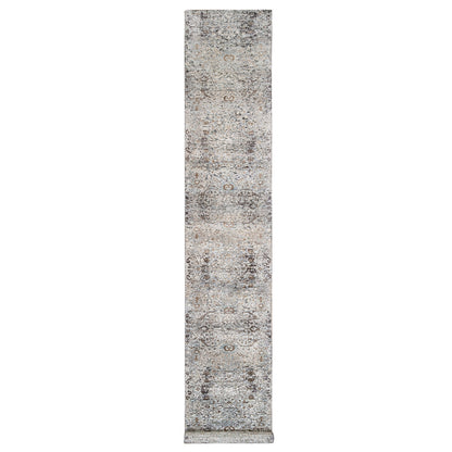 2'6"X16' Gray, Hand Knotted, Modern, Silk With Wool, Xl Runner, Rug