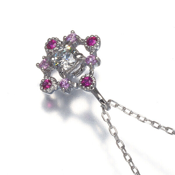 Diamond 0.205Ct Pink Sapphire 0.16Ct Milgrain Necklace 900 850 Platinum