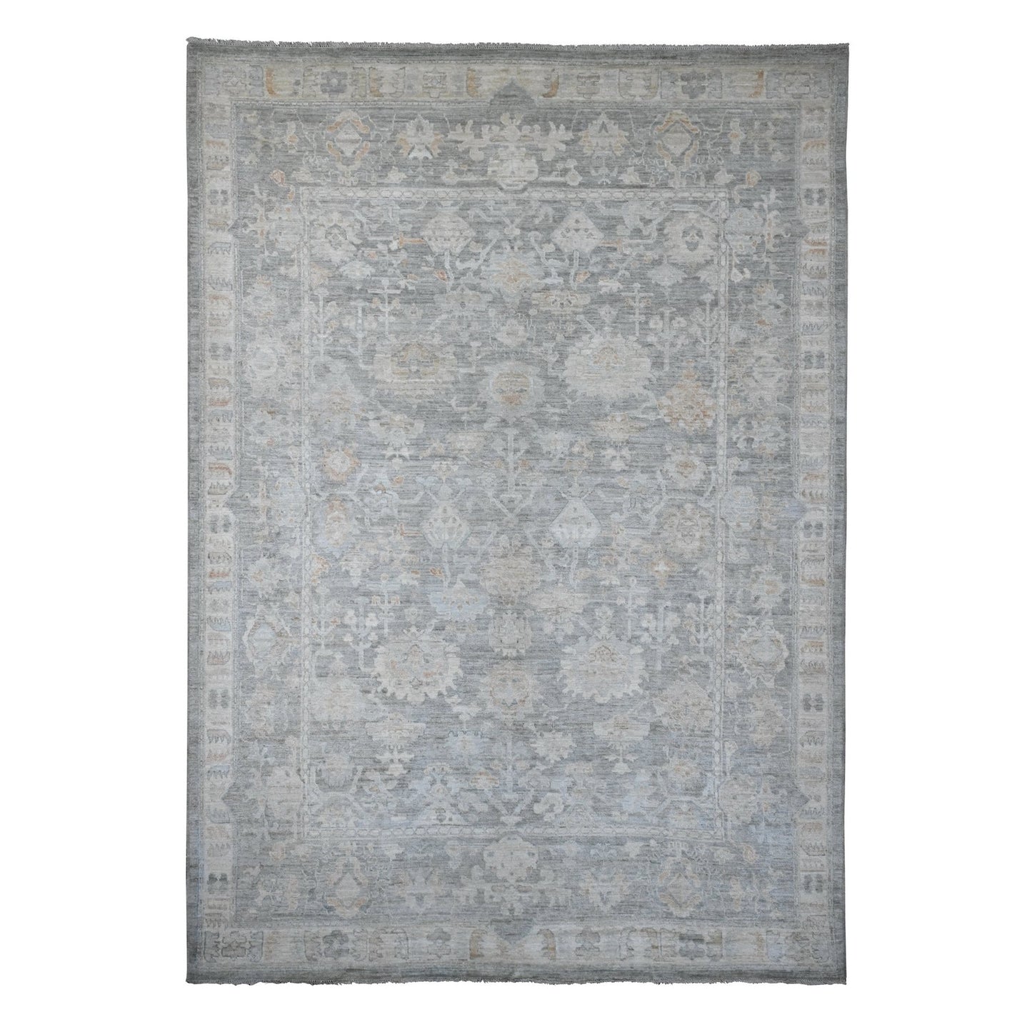 9'X12'6" Gray Afghan Angora Oushak Leaf Design 100% Wool Hand Knotted Rug