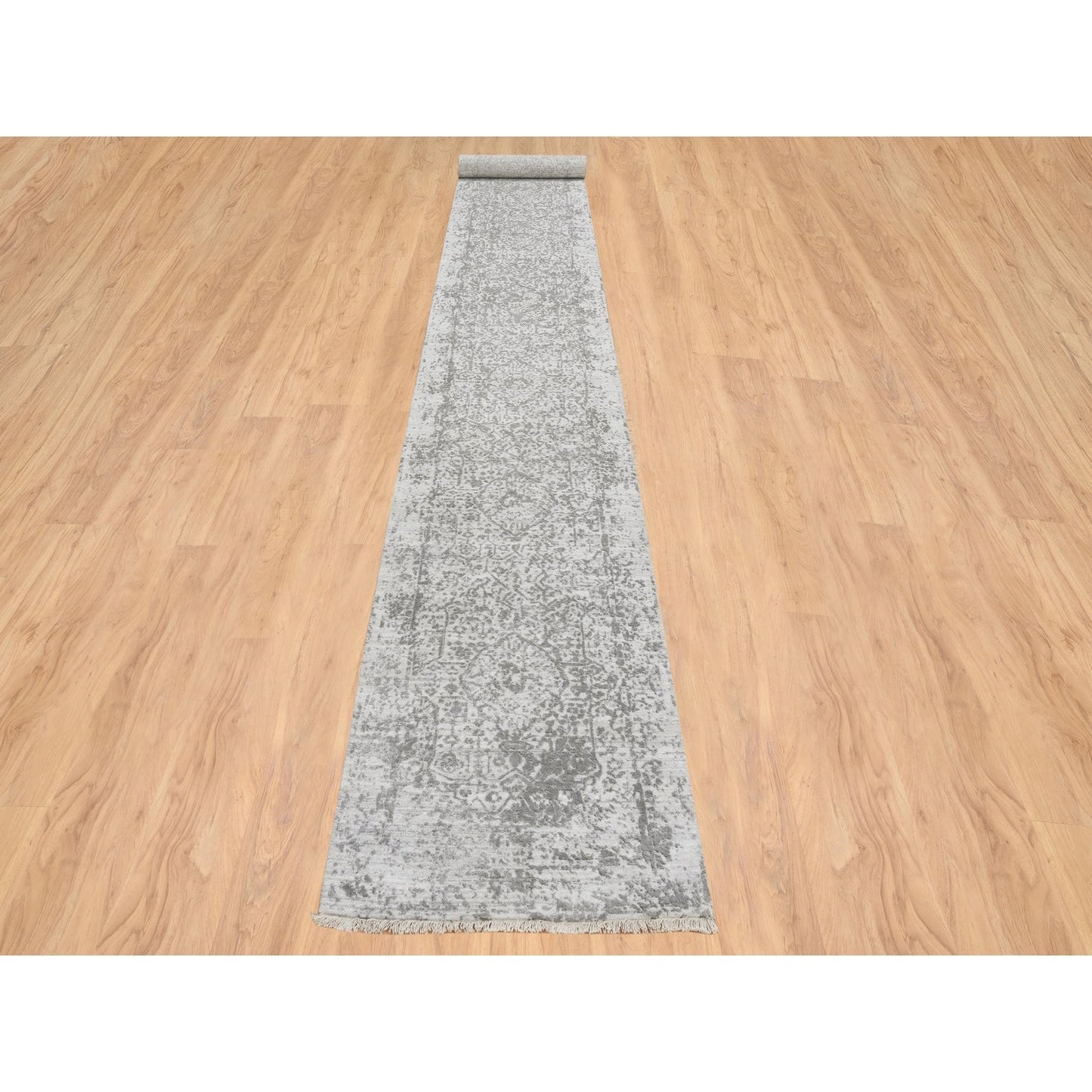 2'7"X17'7" Gray Hand Knotted Wool And Silk Zoroastrian Design Runner Rug