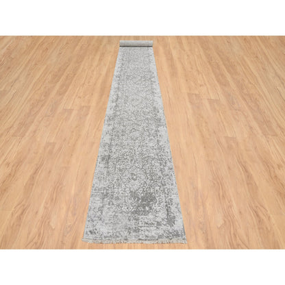 2'7"X17'7" Gray Hand Knotted Wool And Silk Zoroastrian Design Runner Rug