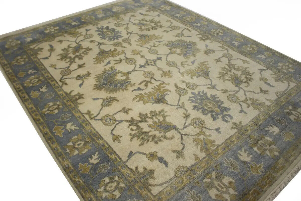 Hand-Knotted Oushak Chobi Wool Rug Cream Floral