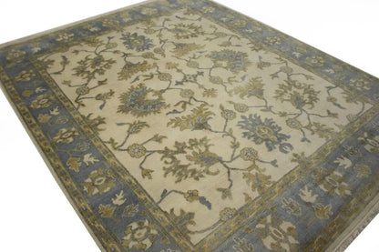Hand-Knotted Oushak Chobi Wool Rug Cream Floral