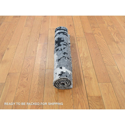 2'1"X3' Gray Modern Abstract Design Hand Knotted Wool And Silk Sample Rug