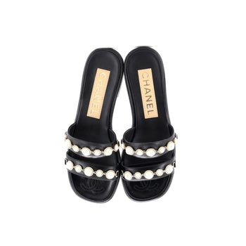 Chanel Women'S Double Strap Slide Sandals Leather And Faux Pearls