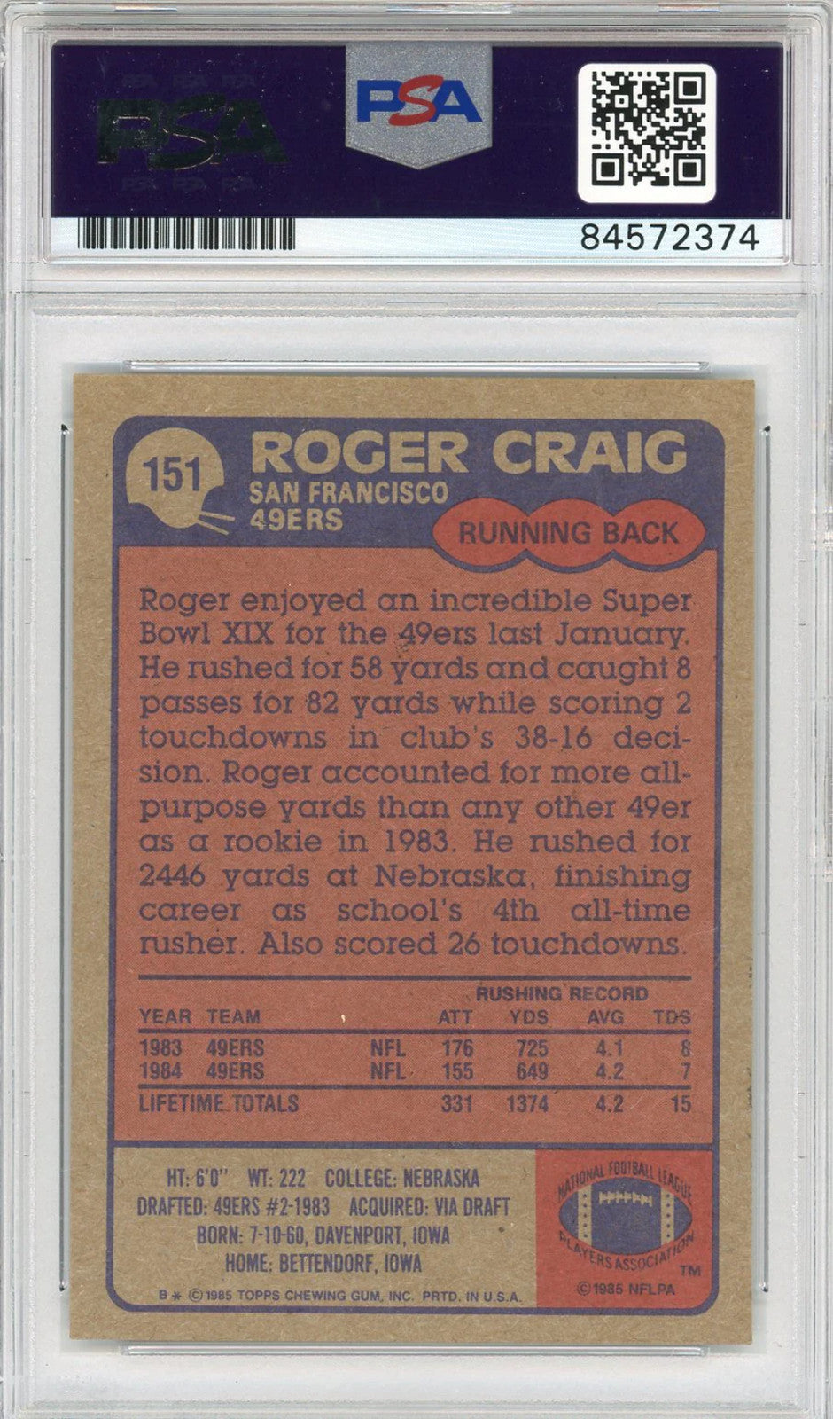 Roger Craig Autographed 1985 Topps Card (Psa)