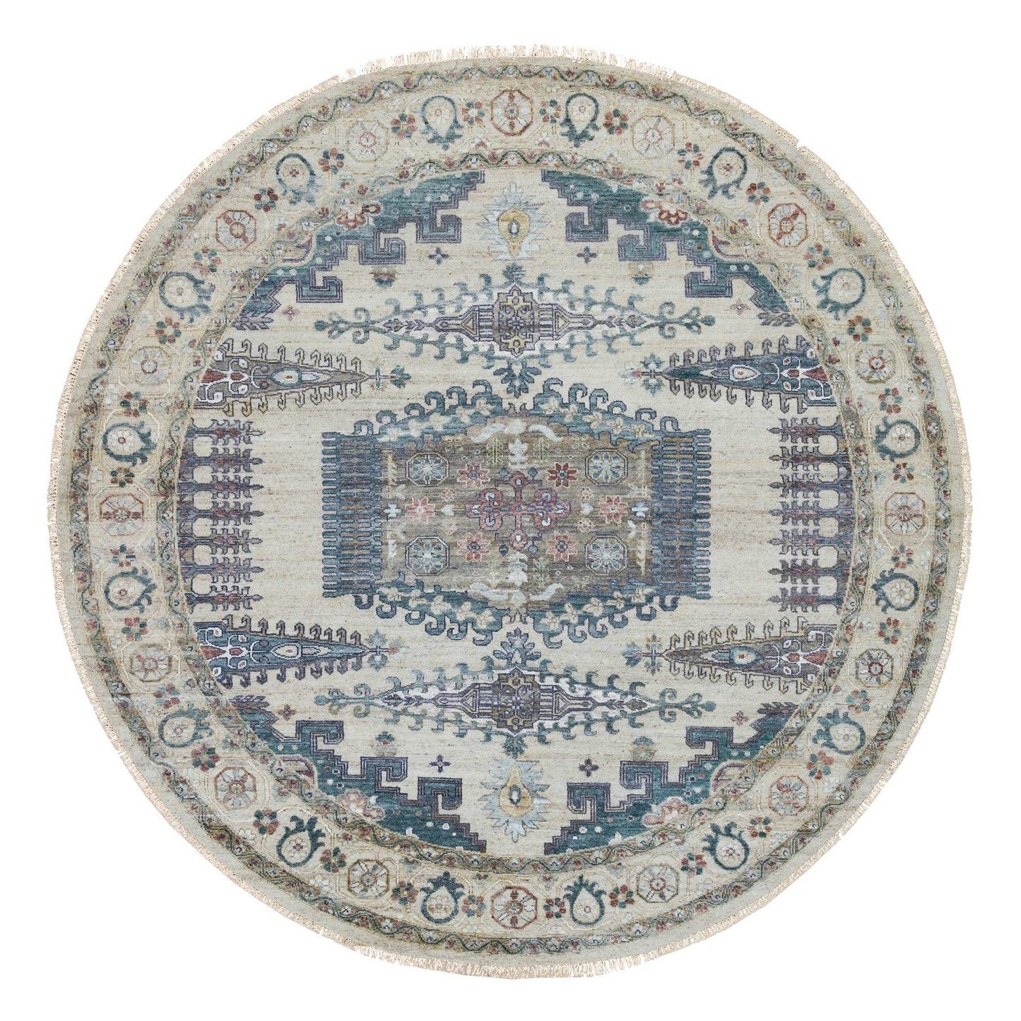 9'9"X9'9" Ivory Hand Knotted Reimagined Viss Design Round Oriental Rug