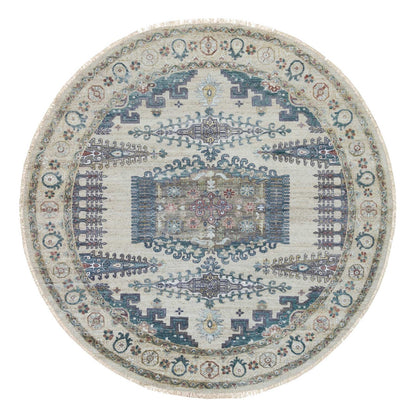 9'9"X9'9" Ivory Hand Knotted Reimagined Viss Design Round Oriental Rug
