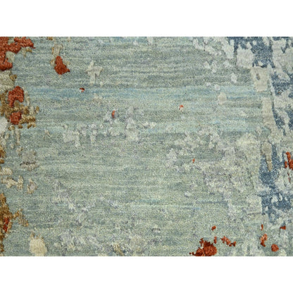 9'X12'3" Green With Beige Abstract Design Pure Wool Hand Knotted Rug