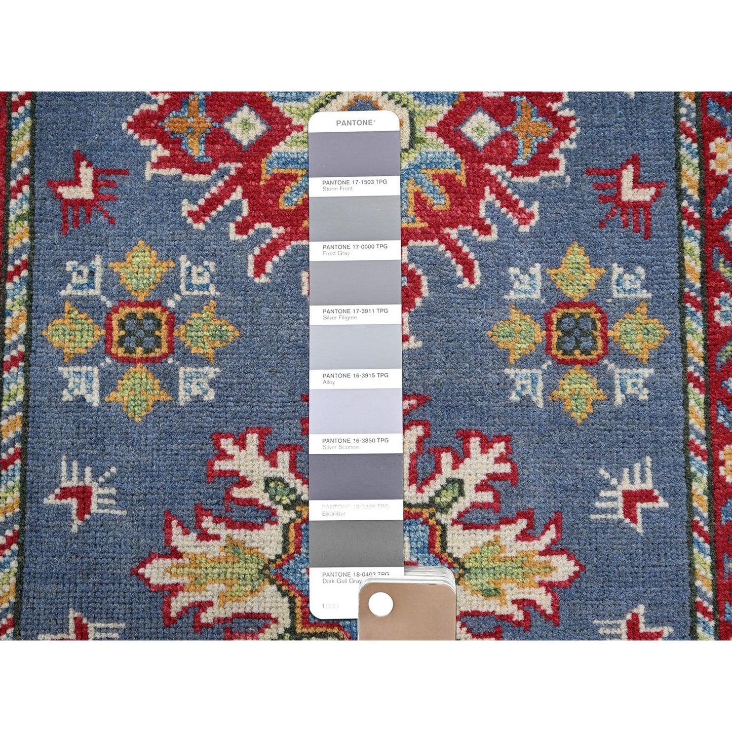 2'9"X4'1" Blue Kazak With Tribal Design Hand Knotted Soft Wool Sample Rug