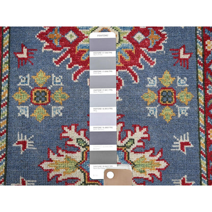 2'9"X4'1" Blue Kazak With Tribal Design Hand Knotted Soft Wool Sample Rug