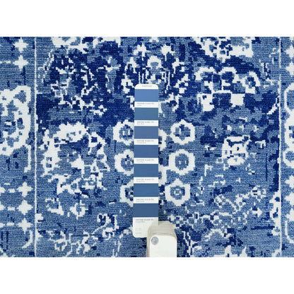 2'6"X8' Blue Hand Knotted Tebraz Leaf Design Wool And Silk Runner Rug