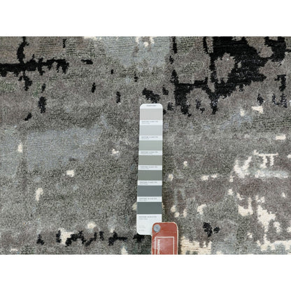 4'1"X10' Gray Abstract Design Wool And Silk Hi-Low Pile Hand Knotted Rug