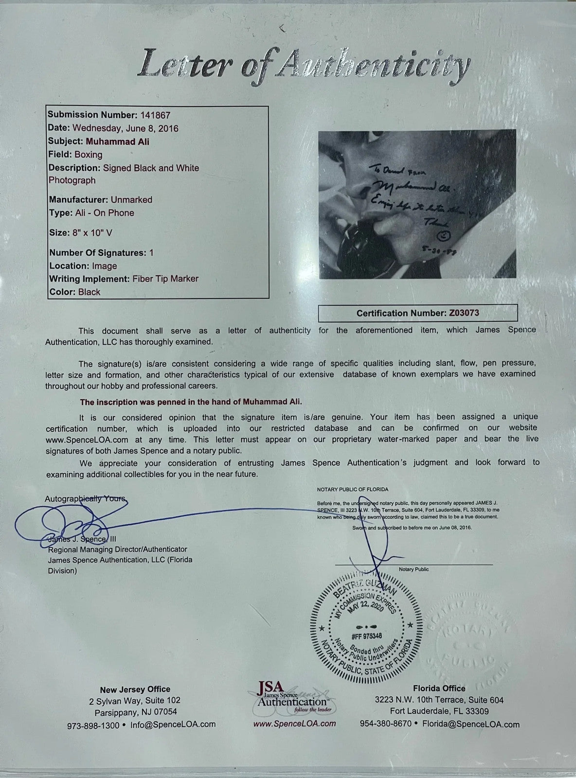 Muhammad Ali Autographed Framed 8X10 Photo (Jsa)