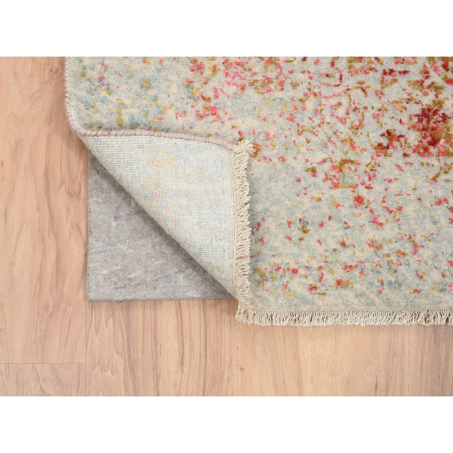 4'2"x10' Farsian Design Wool and Silk Hand Knotted Ivory Wide Runner Rug