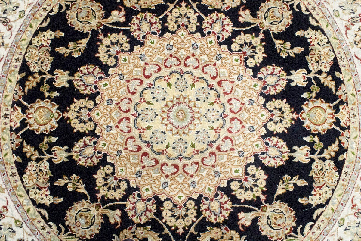 Handmade Indo-Nain Dark Navy Floral Medallion Oriental Round Rug Carpet 6X6 ft