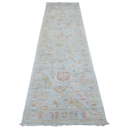 2'10"X9'10" Blue Pure Wool Afghan Angora Oushak Hand Knotted Runner Rug