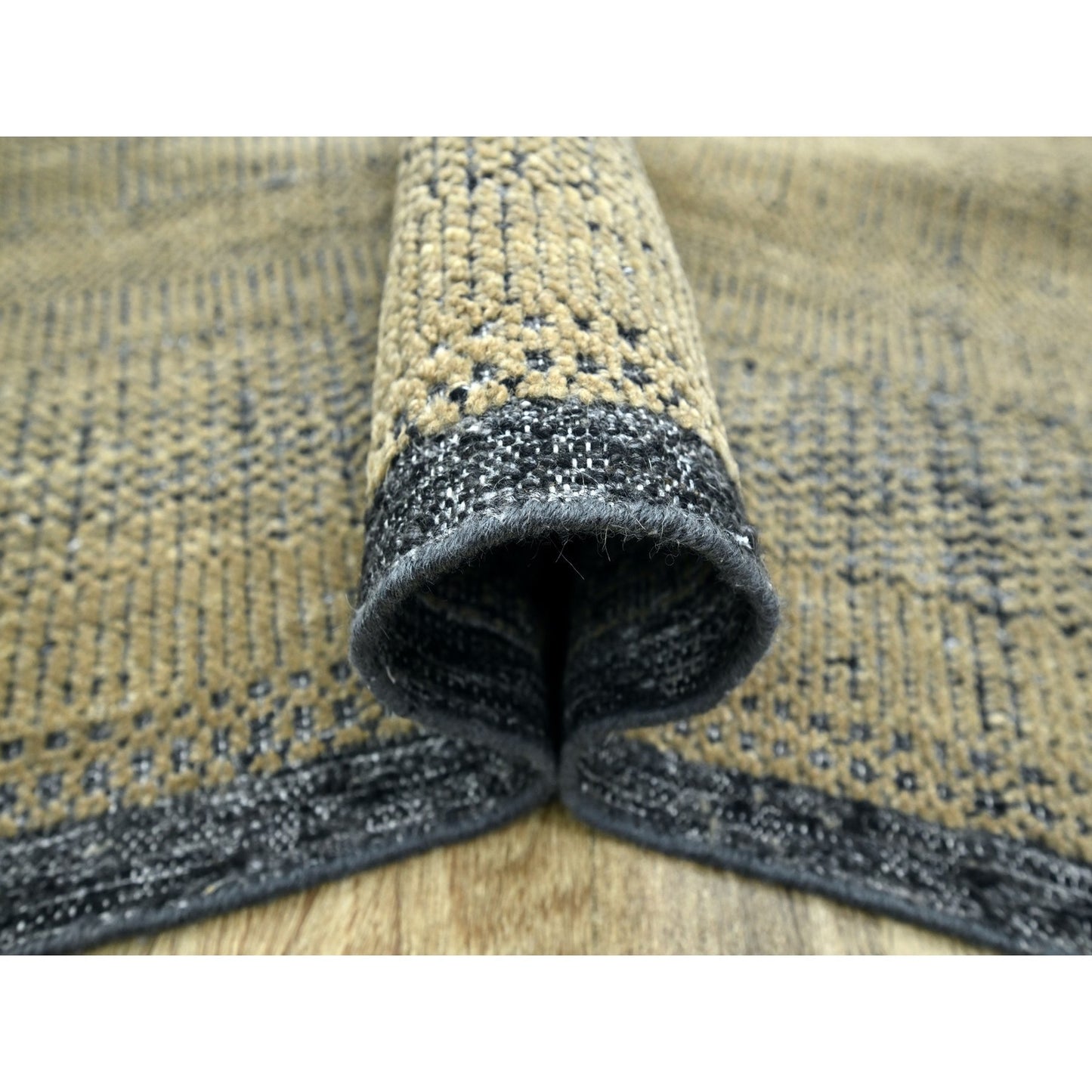 6'X9'3" Brown & Black Oxidized Grass Design Hand Knotted Pure Wool Rug