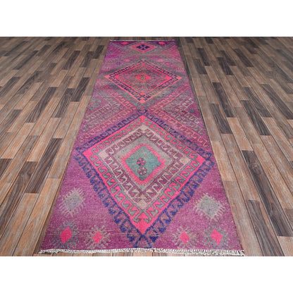 3'3"X9'7" Pink Overdyed Vintage Zoroastrian Hand Knotted Wool Runner