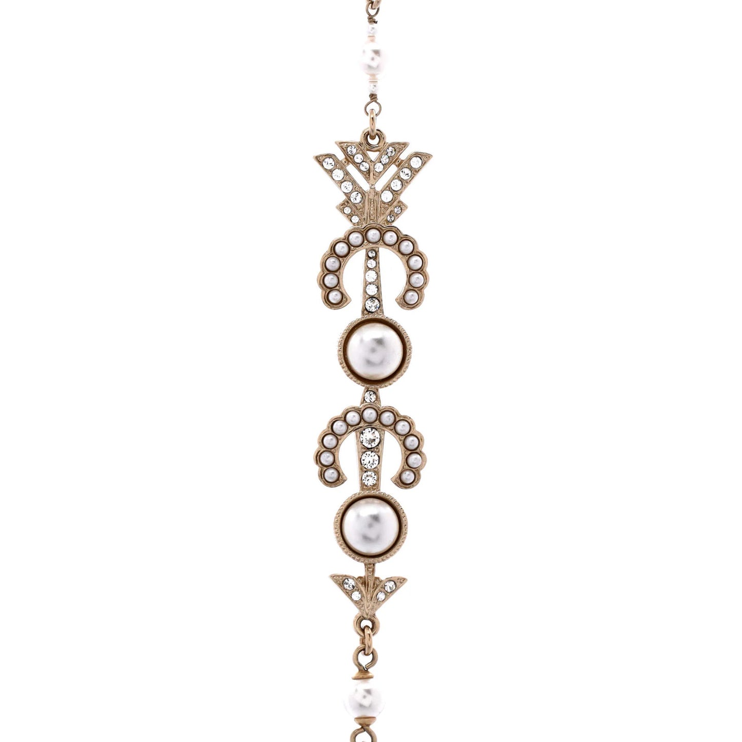 Chanel Coco Arrow Cc Station Long Necklace Metal And Faux Pearls With Crystals