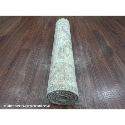3'X9'8" Gray Hand Knotted Afghan Angora Oushak Leaf Motif Wool Runner Rug