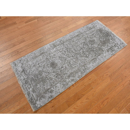 2'7"X6' Gray Hand Knotted Broken Wool And Silk Zoroastrian Design Rug