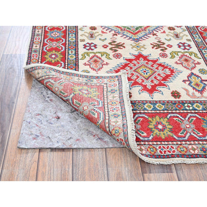 3'2"X5'3" White Hand Knotted Kazak Geometric Medallions Design All Wool Rug