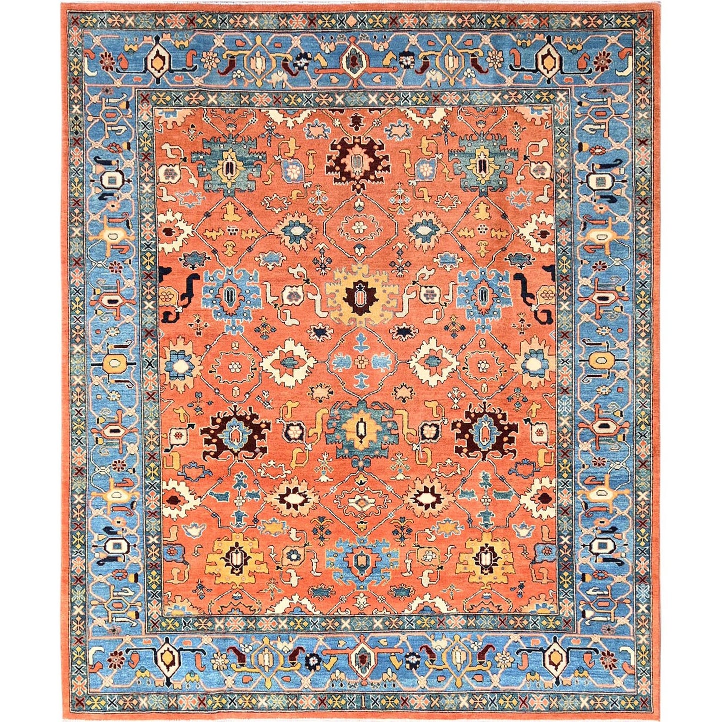 8'2"x9'8" Orange Hand Knotted Rug Peshawar with Heris All Over Design Wool