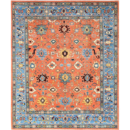 8'2"x9'8" Orange Hand Knotted Rug Peshawar with Heris All Over Design Wool