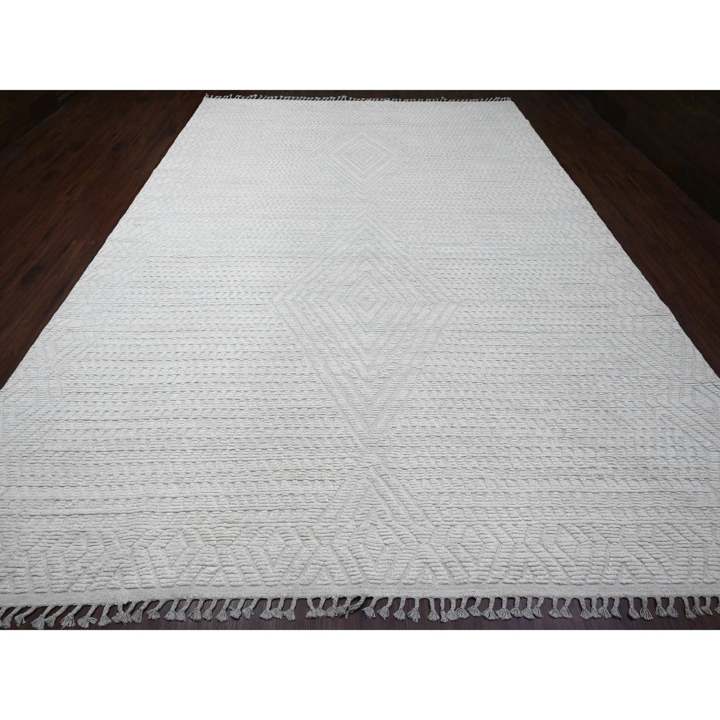 9'10"X14'1" White Moroccan Weave Diamond Pattern Hand Knotted Wool Rug